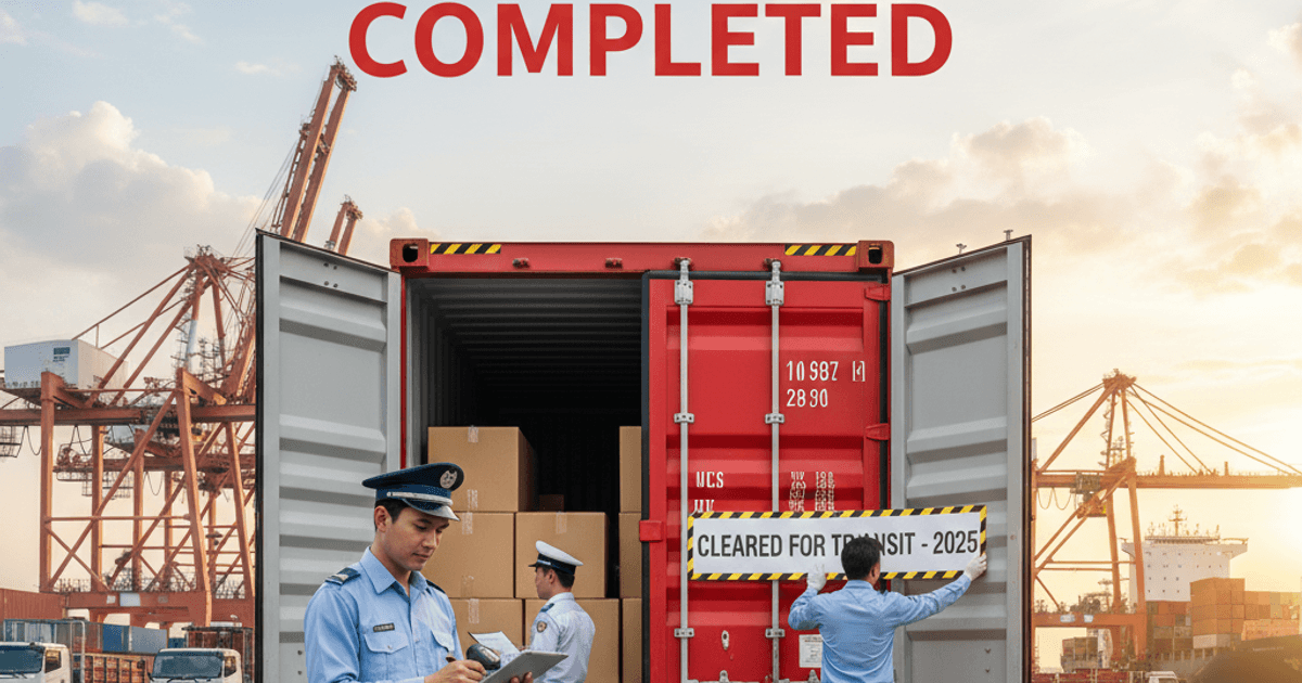 Customs officers verifying cargo at a busy port with a "Customs Clearance Completed" sign on a red shipping container.