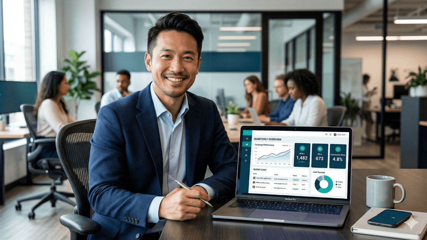 A professional Asian man looking at a large widescreen monitor in a contemporary office setting. The screen shows a "B2B SaaS Analytics" dashboard featuring a detailed company analysis table with scores, crawl dates, and lead discovery statuses.