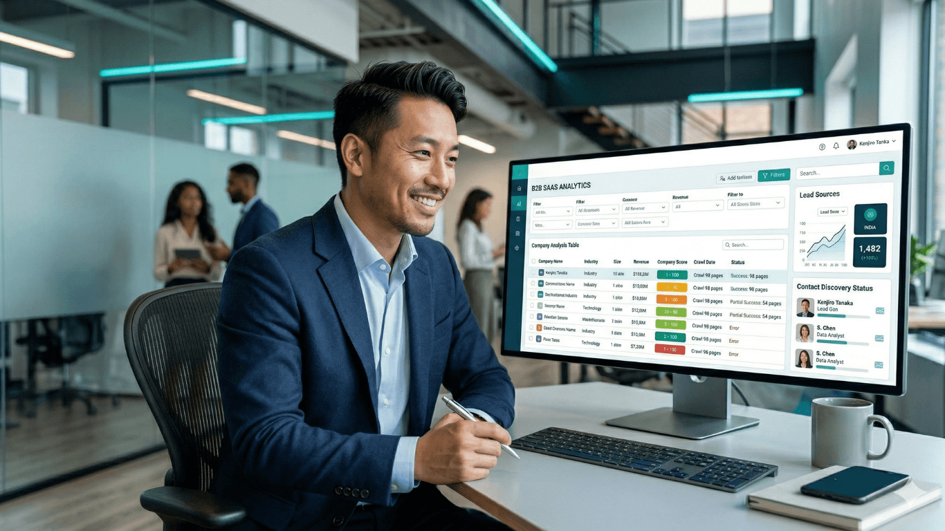A smiling Asian business professional sitting at a desk in a modern, sunlit open-plan office. He is holding a pen, and a laptop in front of him displays a "Quarterly Overview" dashboard with growth charts, MQL/SQL stats, and lead source analytics.