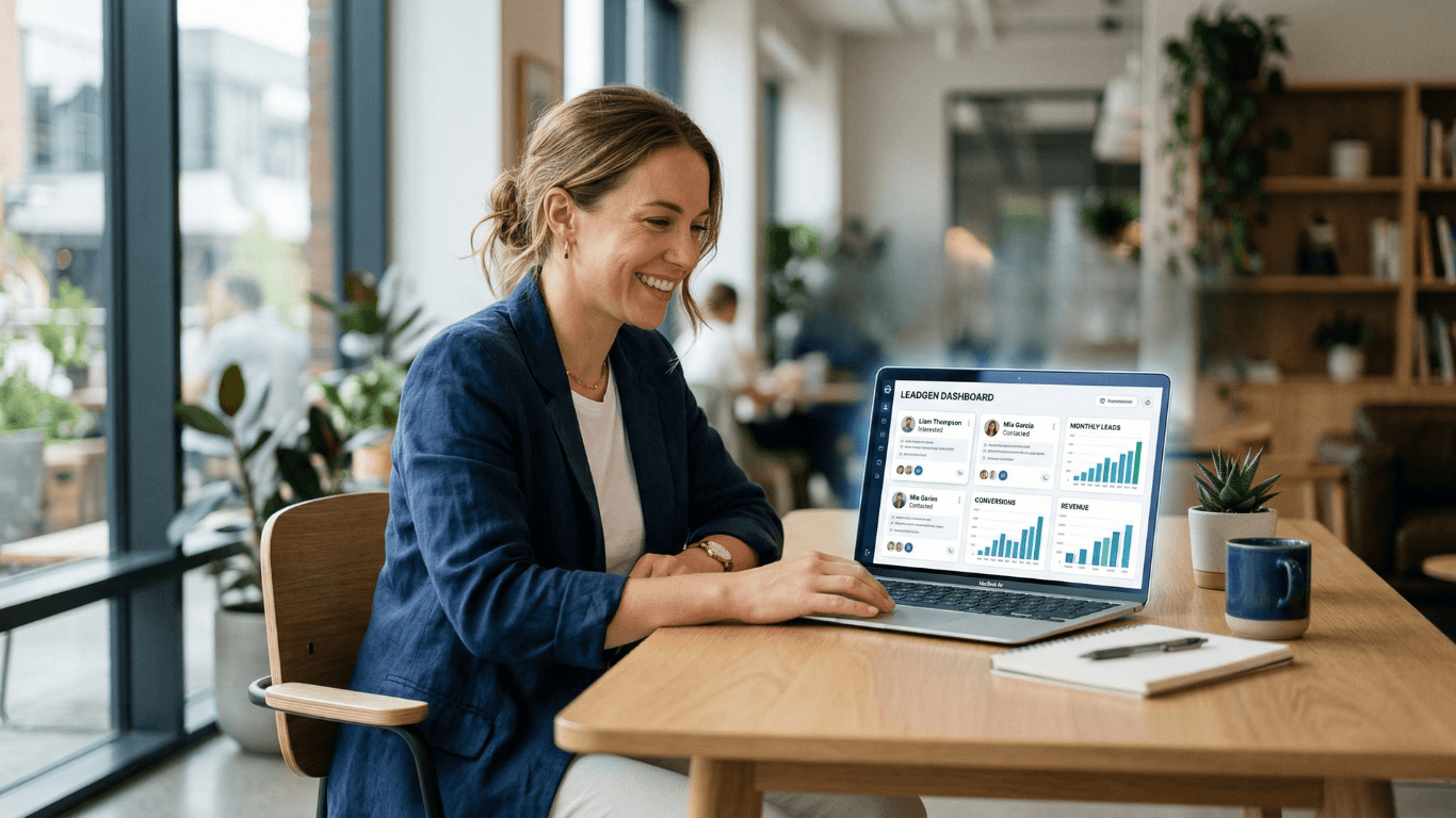 A smiling woman with blonde hair tied back sits at a wooden table in a bright, modern office, looking at her laptop. The screen displays a "LeadGen Dashboard" featuring various data visualizations, including bar charts for monthly leads, conversions, and revenue, alongside contact profiles. The background shows a blurred, airy workspace with large windows and indoor plants.