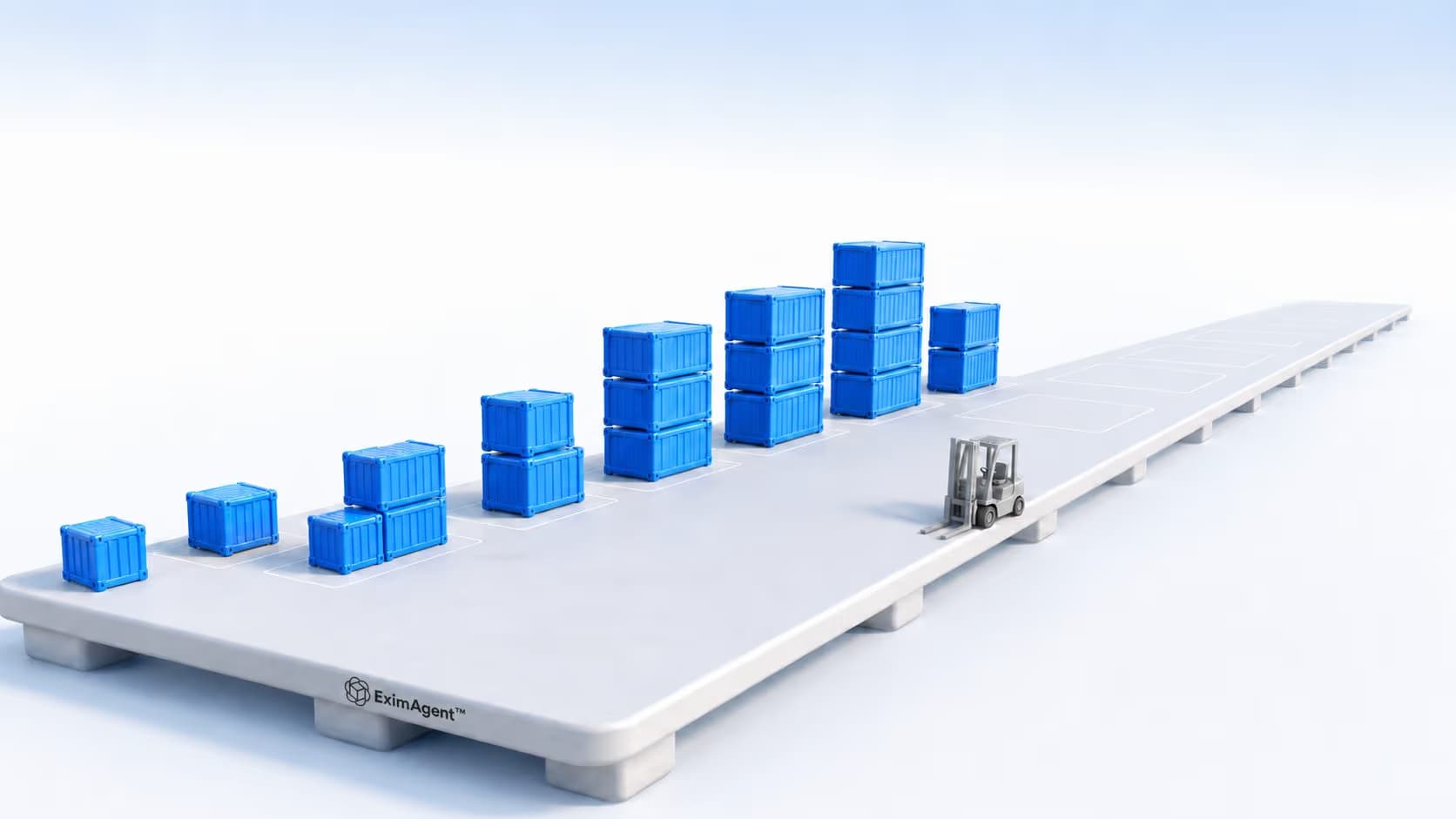 Loading dock where each month of one importer's buying appears as stacked cargo containers: steady small groups, then taller stacks as volume grows, then an empty stretch of dock where the shipments stopped
