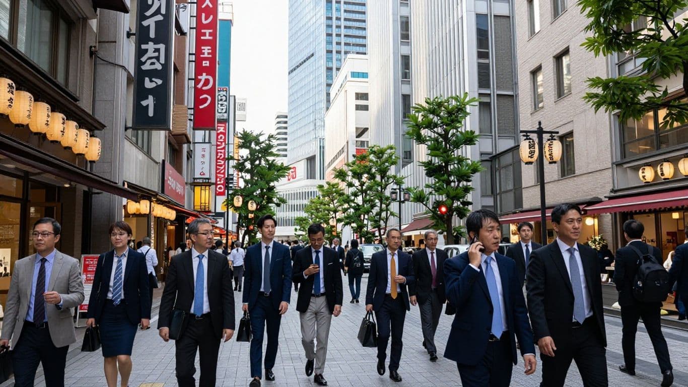 Business professionals in Tokyo, Japan, with skyscrapers and lanterns.