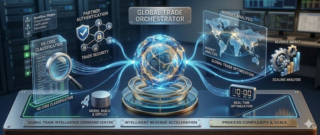 A high-resolution, cinematic 3D isometric banner for a technology platform. The scene features a sleek, physical "Command Center" dashboard made of brushed aluminum and glass. In the center, a glowing crystalline sphere represents the Orchestrator Agent. Floating around it are high-detail holographic icons specific to global trade: a world map with shipping routes, a magnifying glass scanning an HS Code document, and a verified shield for partner authentication. Elegant, glowing fiber-optic threads connect the central core to these specialists. The background is a professional dark navy office setting with a subtle digital grid and soft bokeh. 8k resolution, photorealistic textures, wide aspect ratio (21:9), clean and minimalist aesthetic.