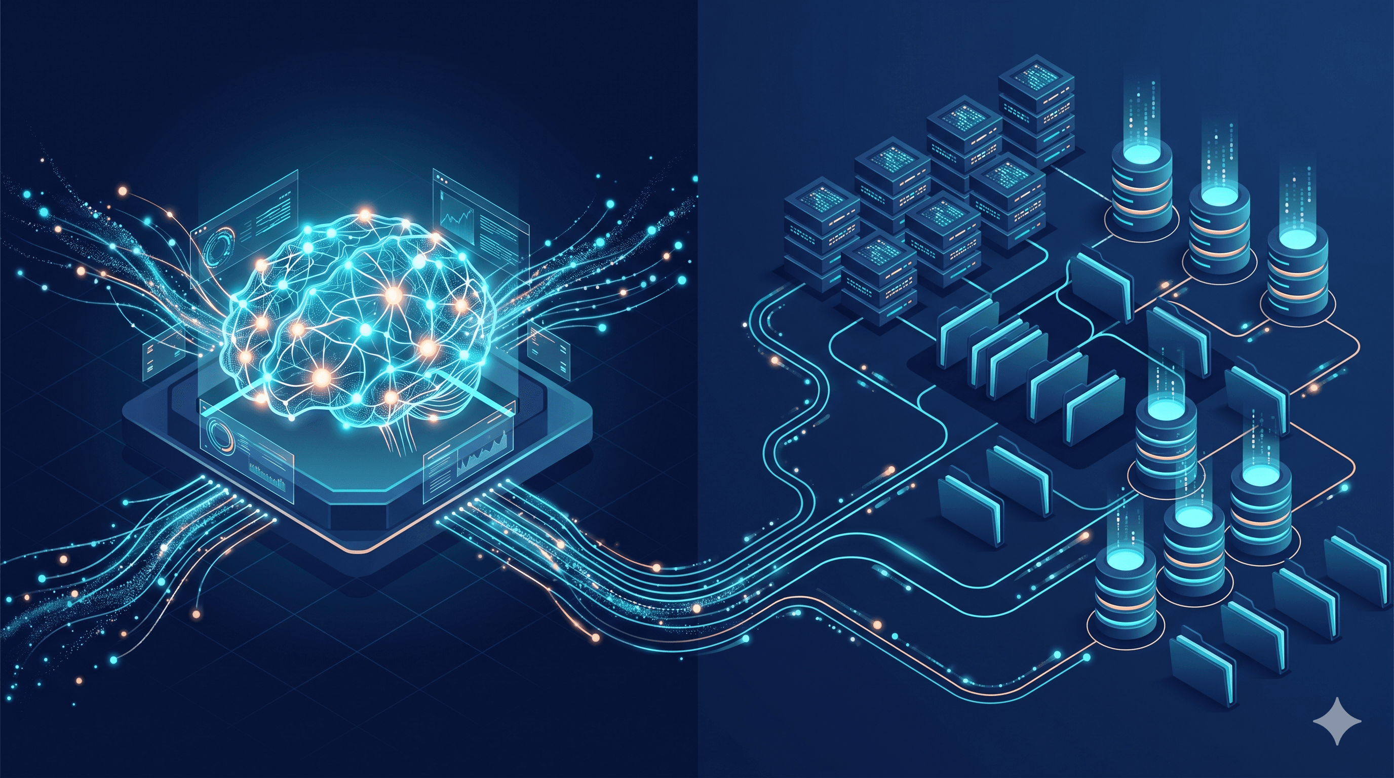 AI analysis and data management working together shown as a glowing neural network connected to organized data blocks in a digital workspace
