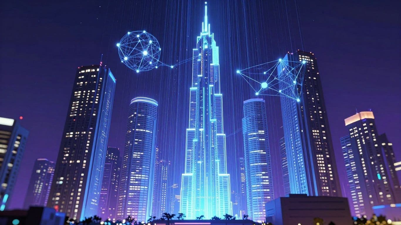 Futuristic cityscape with AI neural network and data streams.