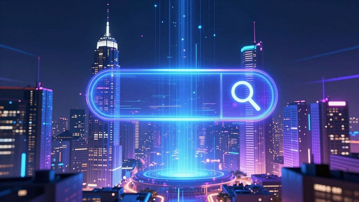 Futuristic cityscape with glowing data streams and a search icon.