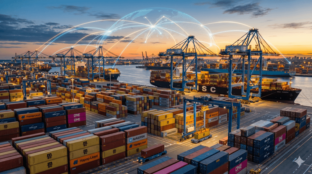 A professional, ultra-realistic digital photograph showing a high-tech, futuristic cargo terminal at a shipping port during a warm blue hour sunset. Thousands of neatly stacked, multi-colored shipping containers (like MSC, Maersk, and Hapag-Lloyd) fill the yard. Giant, automated gantry cranes line the dock. In the background, massive container ships are being loaded. Overlaying the scene is a subtle, holographic network of glowing blue and gold lines that trace trade routes across a translucent digital globe. The atmosphere is efficient, modern, and connected. Cinematographic lighting, 8k resolution, photorealistic, shallow depth of field. --ar 16:9