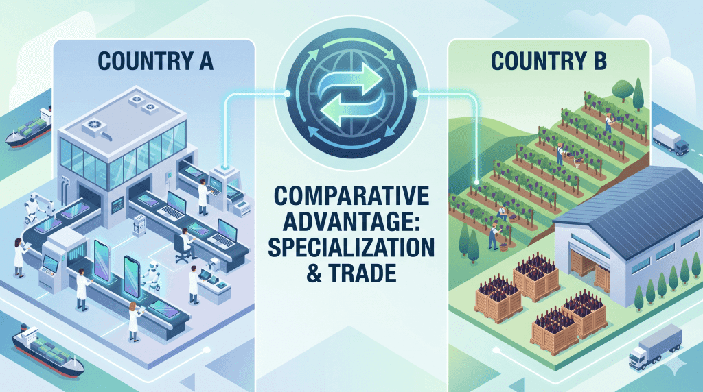 In a modern split-screen design, I have depicted Country A’s high-tech electronics factory on the left and Country B’s expansive vineyard on the right. Both regions are connected by a central circular flow with two-way arrows, clearly demonstrating the economic principles of specialization and trade within your requested soft-gradient palette.