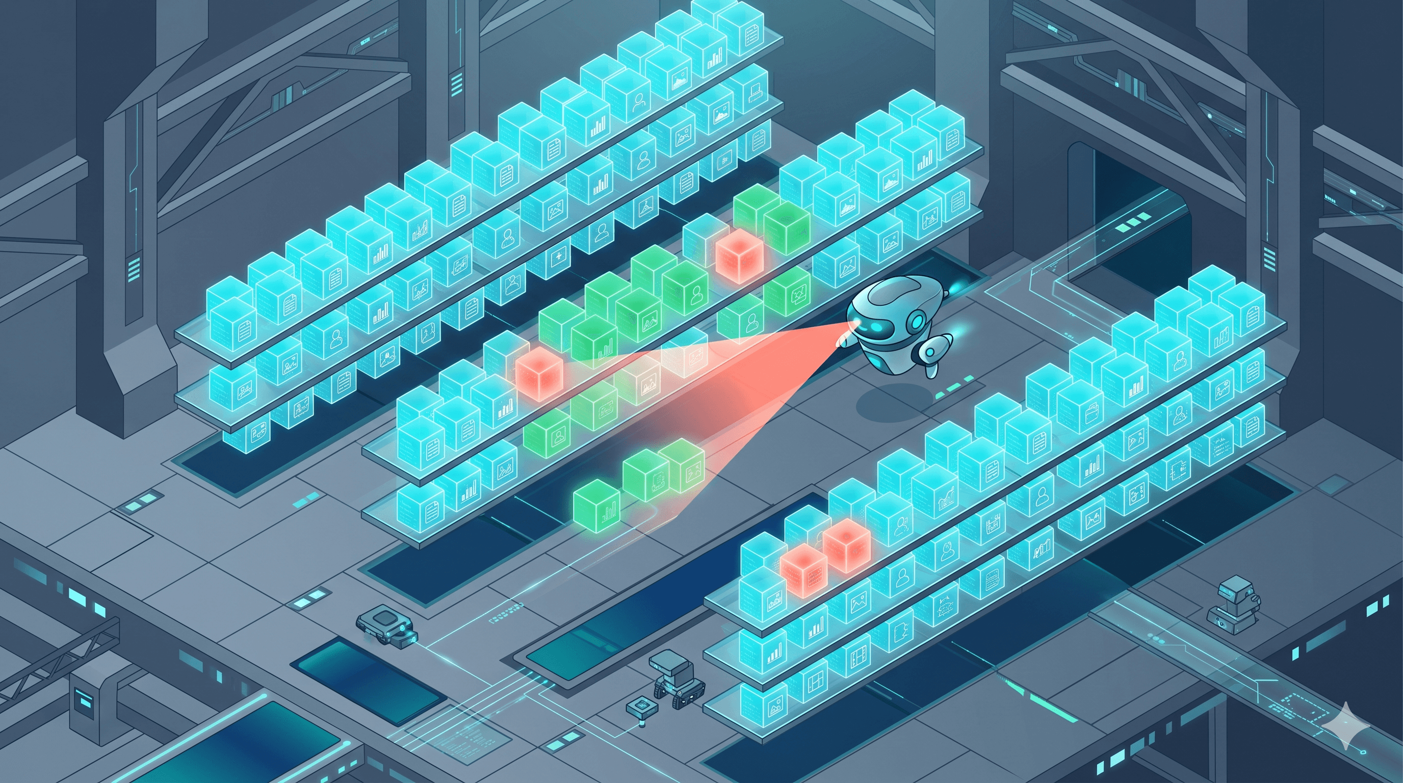Data discovery and cataloging illustrated as an organized digital warehouse with AI assistant scanning glowing data cubes for quality