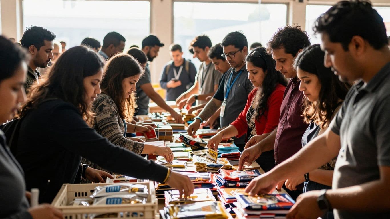 Global market with people examining imported goods.