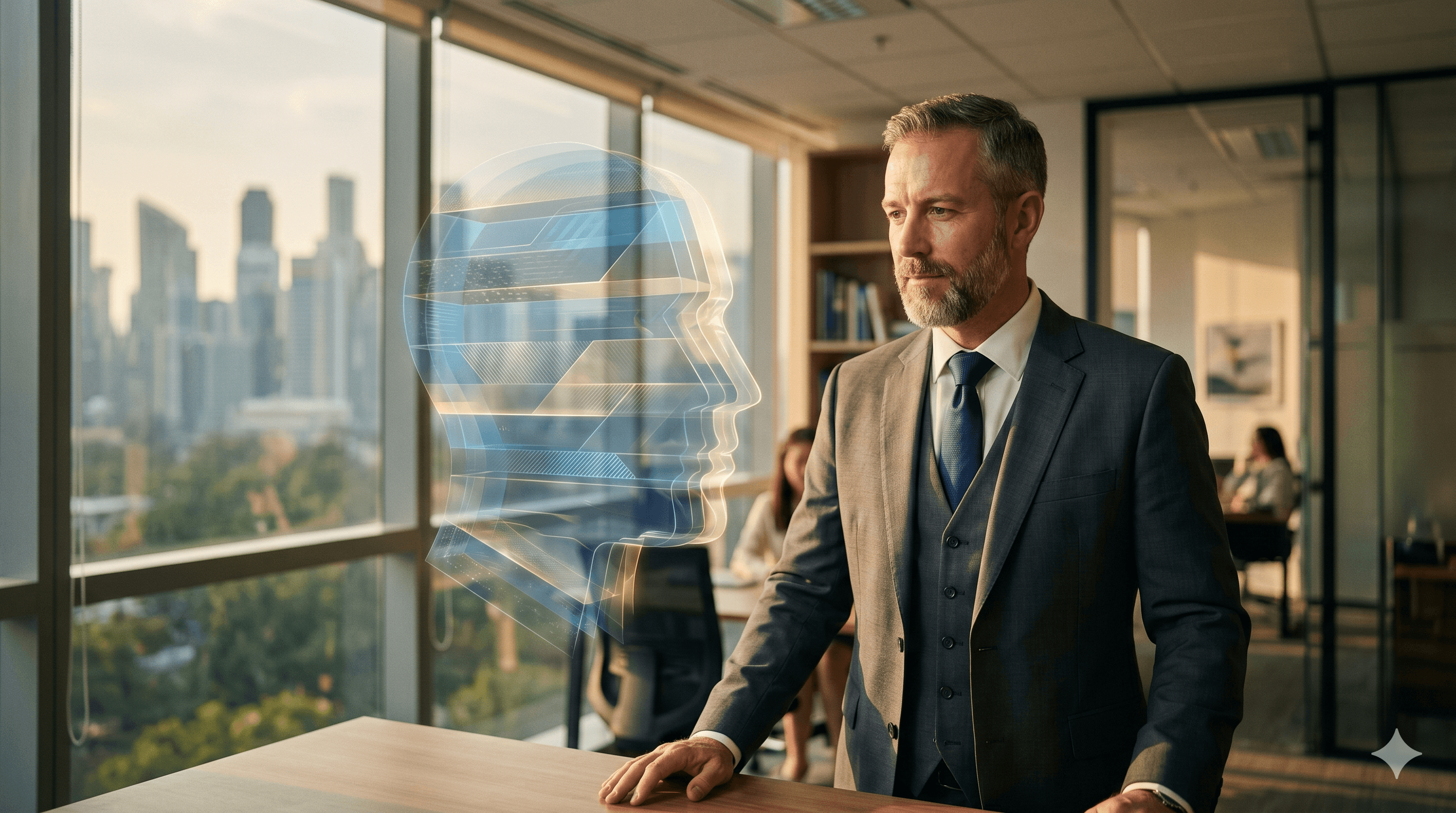 A middle-aged man in a sharp grey suit and tie stands in a modern, high-rise Singapore office during golden hour. He looks thoughtfully at a translucent, holographic human profile floating in the air before him, composed of stacked geometric layers. The city skyline is visible through floor-to-ceiling windows in a soft, cinematic blur.