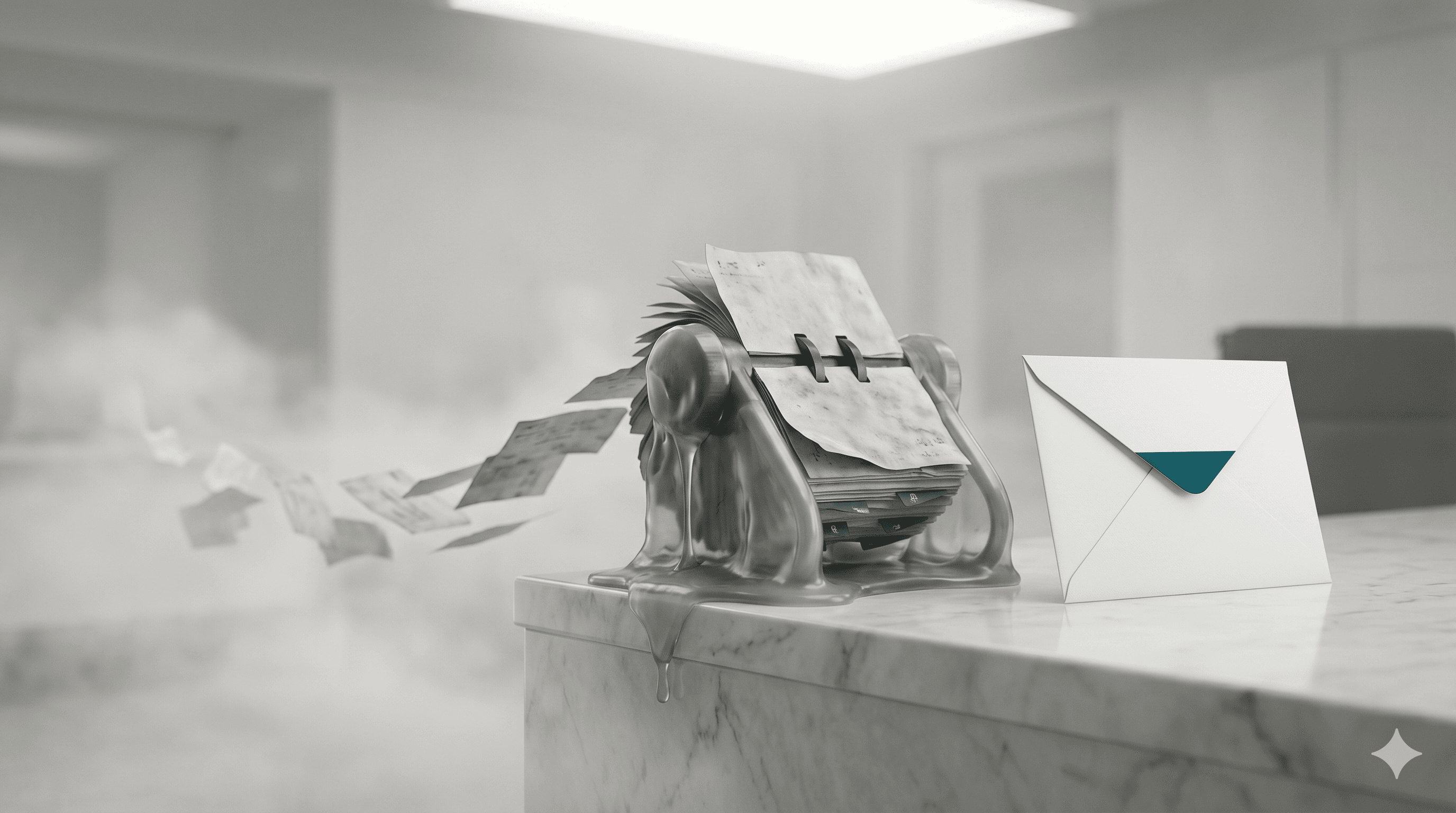 A 3D-rendered conceptual scene on a white marble desk. A vintage grey plastic Rolodex is melting and slumping over the edge, with its paper contact cards drifting away into a thick white mist. Standing sharply upright and unaffected next to it is a single, crisp white envelope with a deep teal accent, symbolizing the transition from old to new.