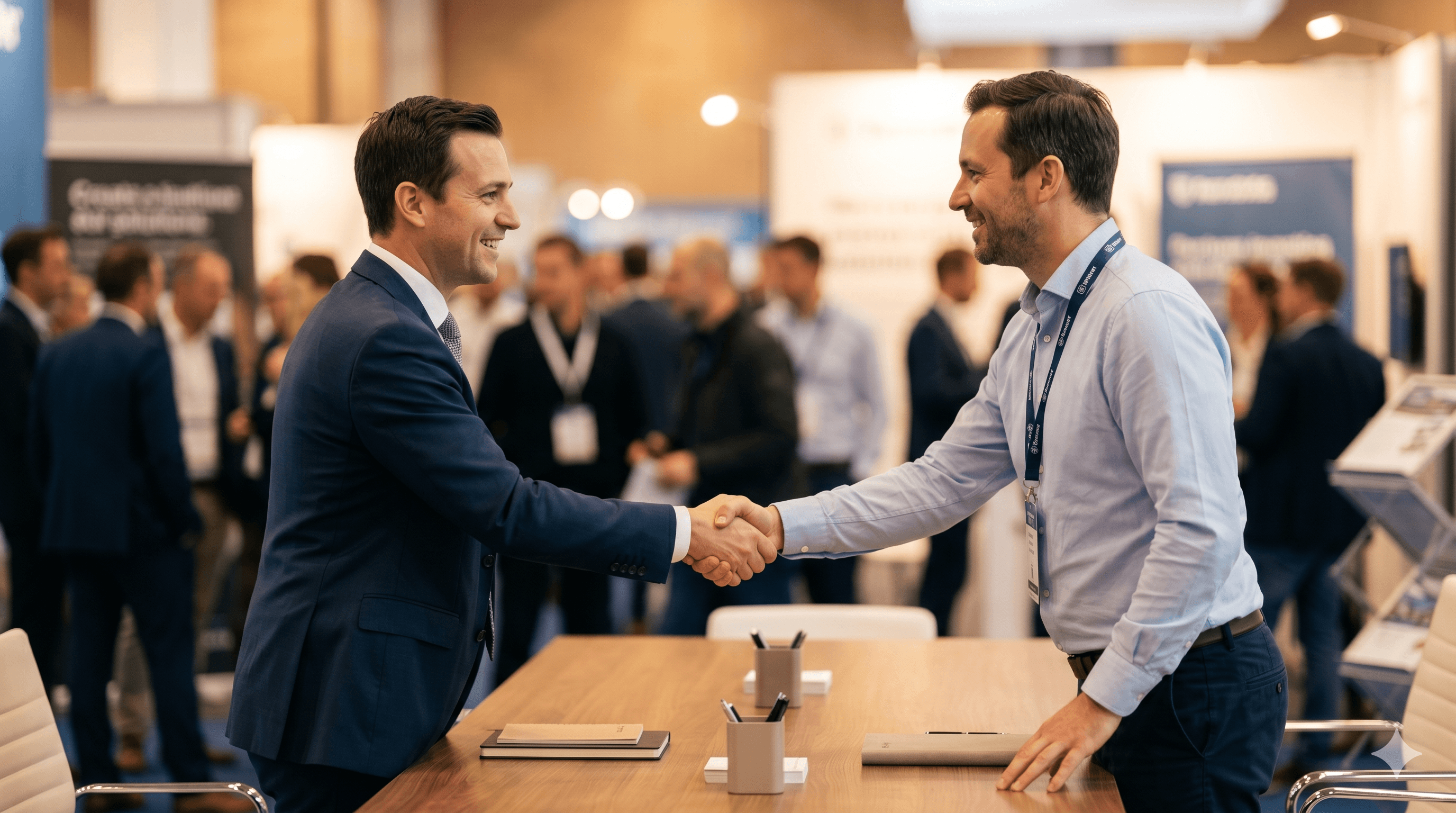 Two men share a genuine smile and a firm handshake across a wooden table at a busy trade fair. One man wears a professional navy suit, while the other wears a light blue shirt with a conference lanyard. The background features the warm, blurred bokeh of a convention hall, capturing the moment a partnership is solidified.