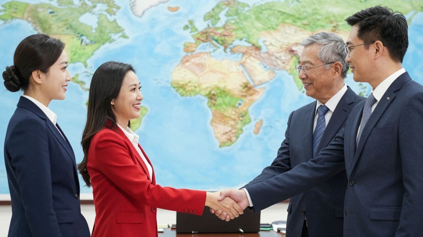 Global trade handshake with diverse business partners.