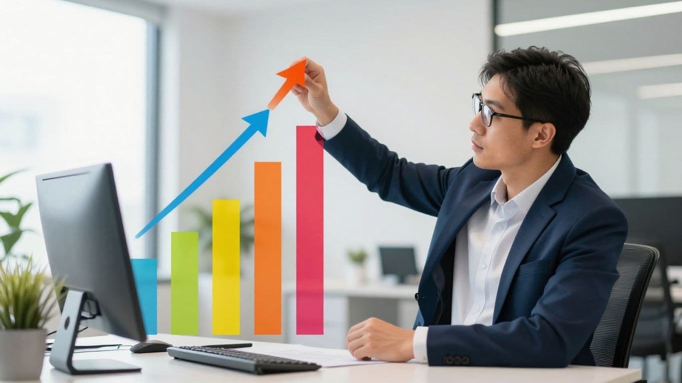Business professional analyzing upward trending data visually.