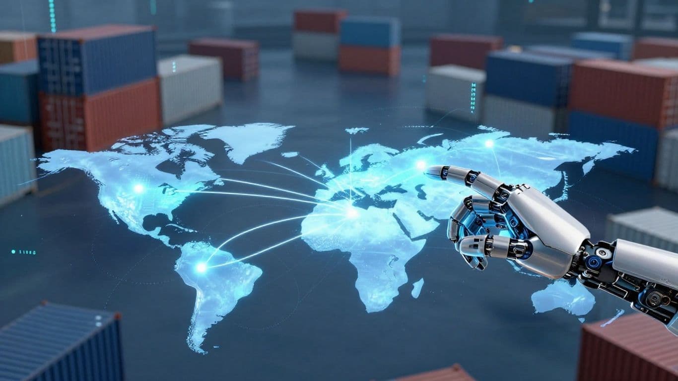 AI agent connecting global trade routes on a digital map.