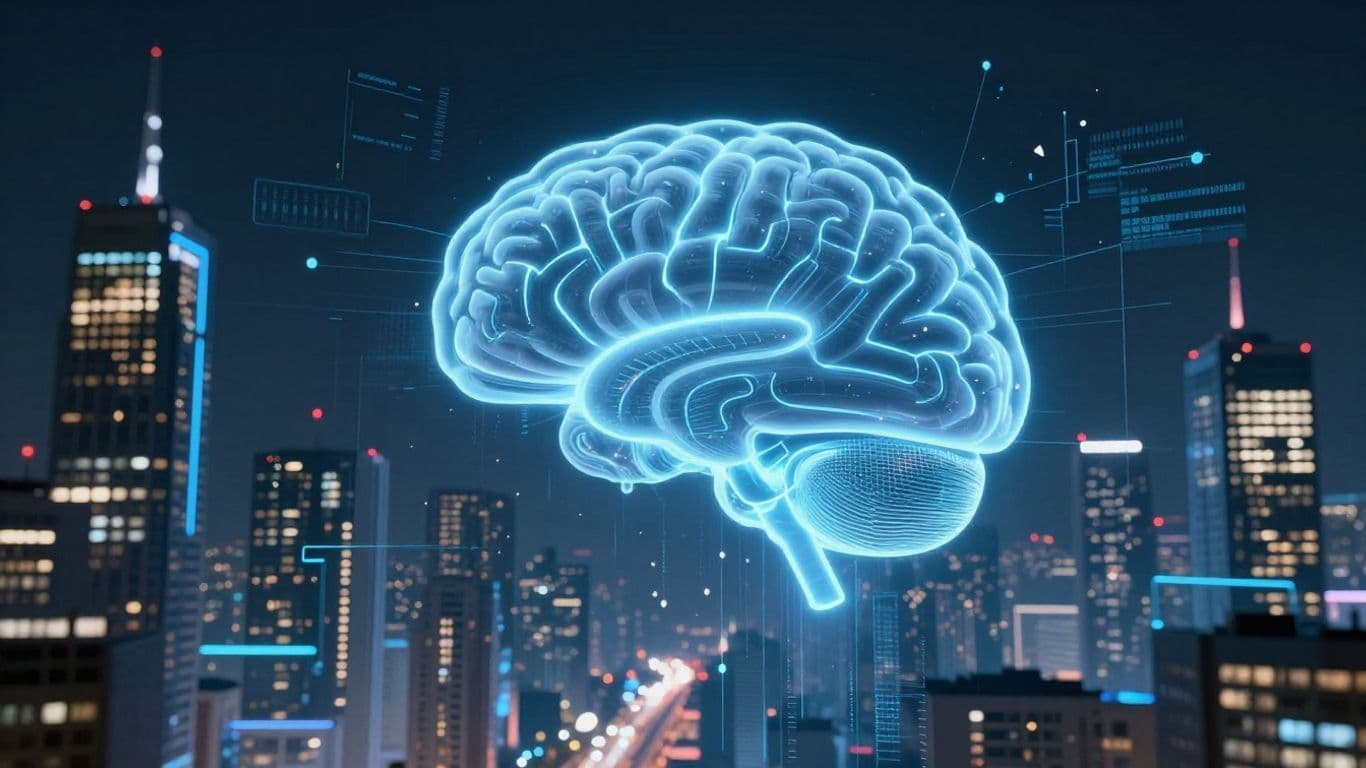 Futuristic cityscape with AI brain and data streams.