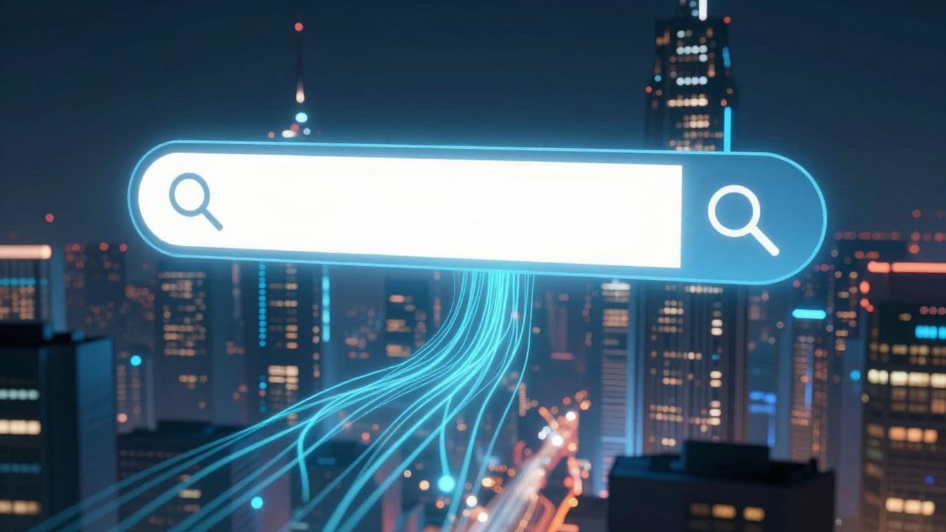 Futuristic cityscape with glowing digital streams and search bar.