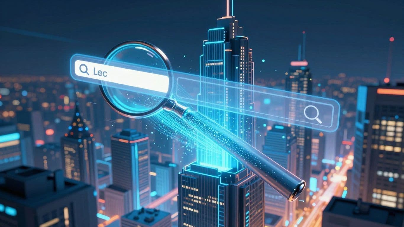 AI search engine interface with data streams.